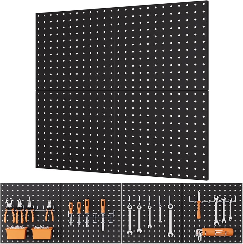INCLY 4 Pack 12"x12" Black Metal Pegboard Panels, Heavy Duty Pegboard Wall Organizer with Frame, Black Peg Board for Walls, Garage, Workbench, Shed, Kitchen, Craft Room Tool Organization - Image 1
